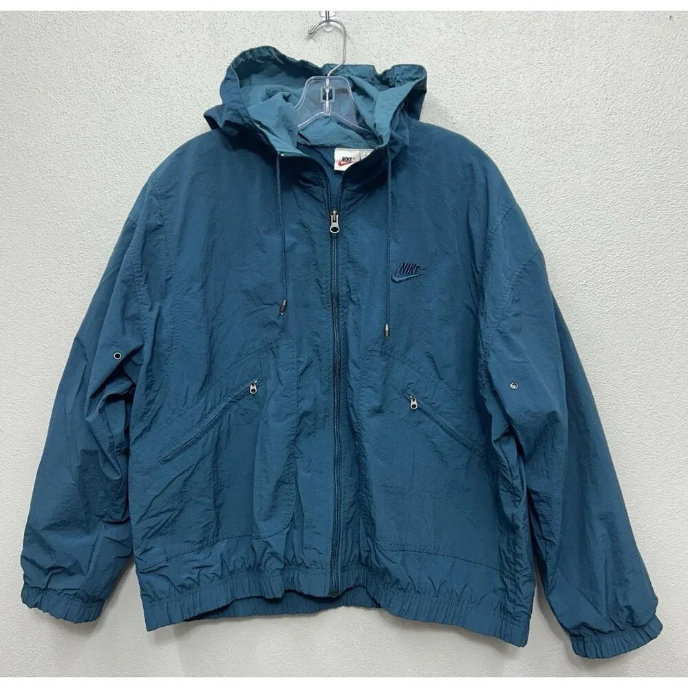 Vintage 90s Nike Jacket Women Medium 10-12 Teal Blue Track Windbreaker Boxy Coat